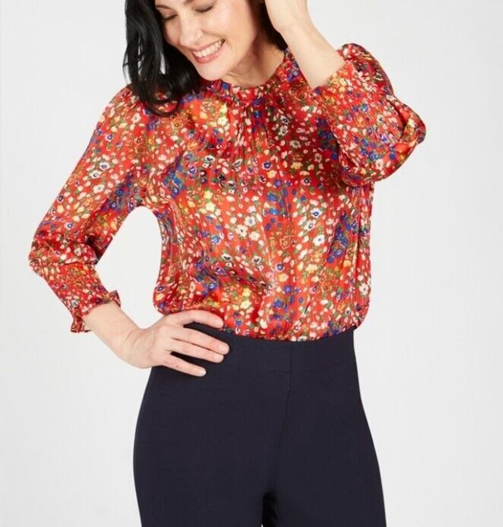 Rachel Zoe Red Floral High Neck Smock Sleeve Blouse Multicolor Red Size Medium